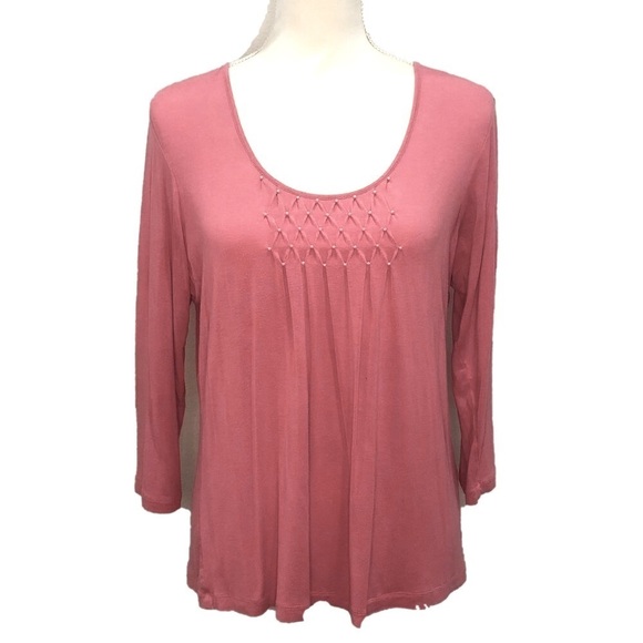 RUBY ROAD PETITE (PM) Smocked top with tiny pearls, coral pink - Picture 1 of 6
